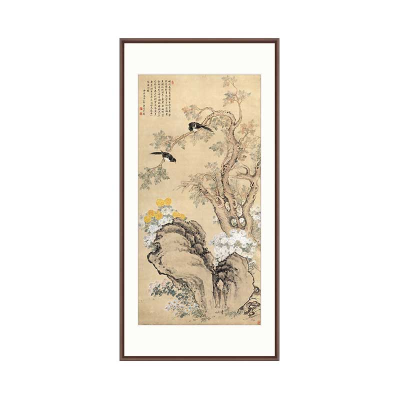 翠柏双喜图新中式进门玄关装饰画走廊过道竖版挂画茶室壁画