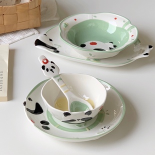 卡通可爱手绘胖达陶瓷碗盘釉下彩高颜值家用餐具汤碗沙拉碗微波炉