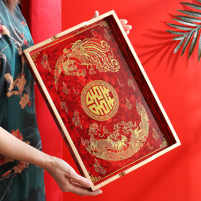 结婚长方形中式木托盘敬茶杯套装