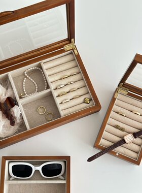 现货/zarahome专柜正品木制首饰盒珠宝戒指盒亚麻玻璃耳环收纳盒