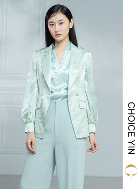 CHOICE YIN职场优雅场景定制中式国风女装拼袖真丝提花西服外套