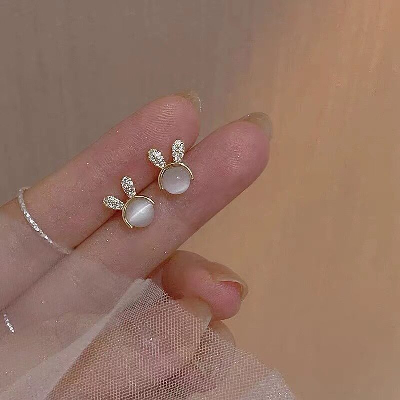 小兔子耳钉925银针2024年新款潮猫眼石气质迷你设计耳环耳饰品