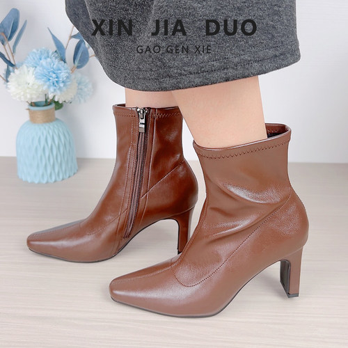 新款小方头短靴侧拉链百搭瘦瘦靴