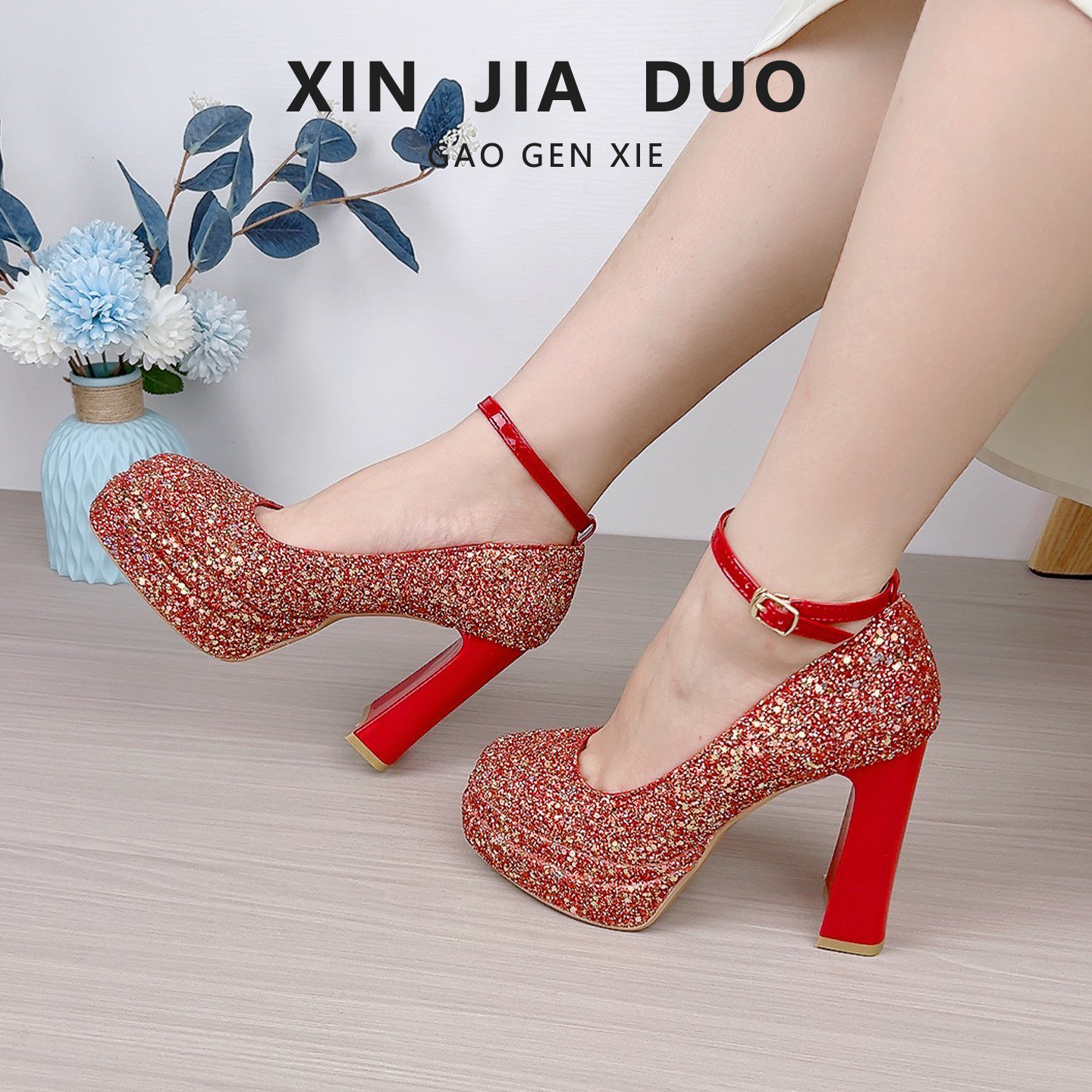 粗跟高跟鞋女婚鞋小个子厚底防水台亮片法式玛丽珍鞋绝美红色单鞋