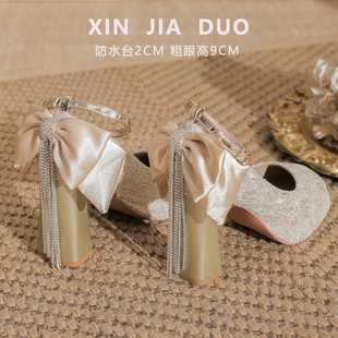 水钻高跟鞋配礼服蕾丝流苏蝴蝶结玛丽珍女鞋小个子防水台粗跟单鞋