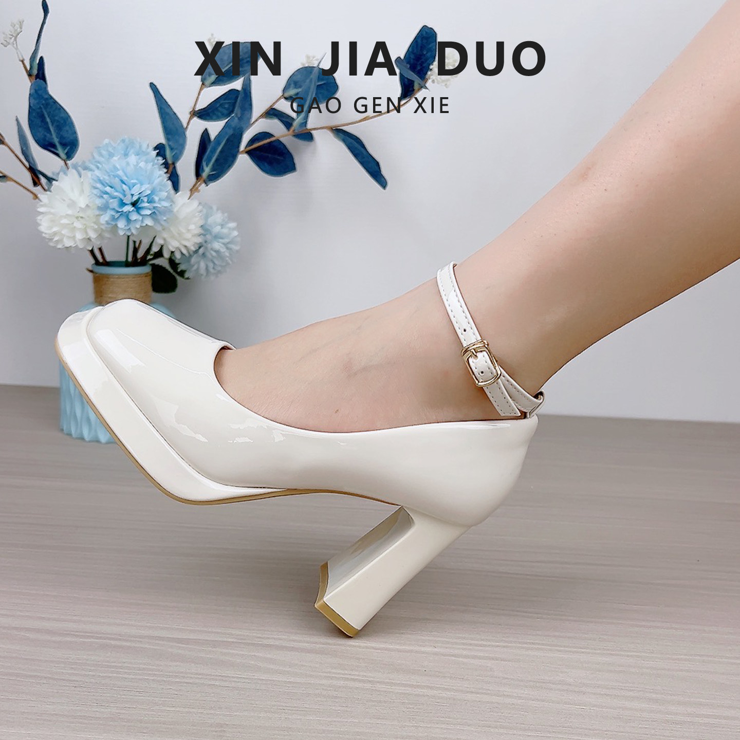 白色高跟鞋防水台不累脚鞋子女小个子显高一字带粗跟单鞋玛丽珍鞋