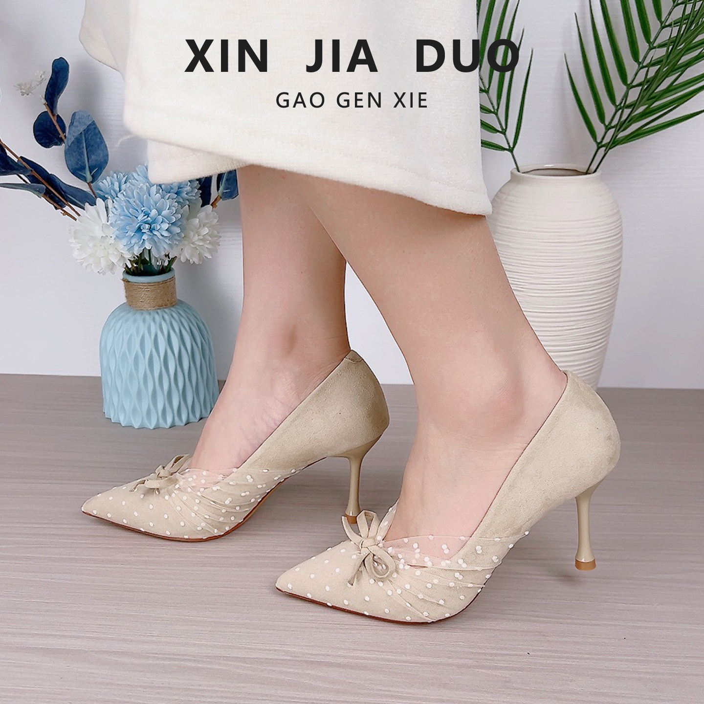 新款尖头高跟鞋女细跟气质名媛高级感蝴蝶结网纱蕾丝法式绝美单鞋
