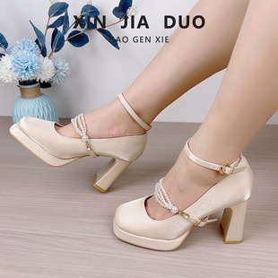 高跟鞋女2025新款冬小个子粗跟单鞋防水台气质配大衣方头玛丽珍鞋