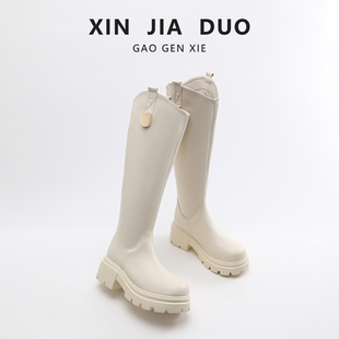 女款大码41到43靴子女士高筒靴胖mm大筒围粗跟厚底骑士靴白色长靴