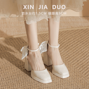 玛丽珍高跟鞋配裙子礼服方跟方头包头凉鞋女夏外穿法式蝴蝶结单鞋