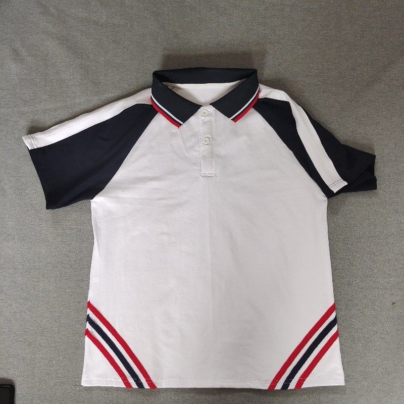 定做夏季男女校服同款纯棉短袖 白色拼藏蓝色插肩袖T恤POLO衫