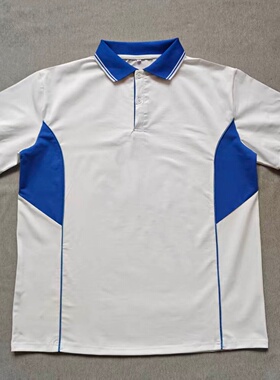 定做夏季男女校服同款翻领运动短袖白色拼接宝蓝色T恤衫POLO衫