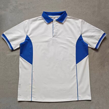 定做夏季男女校服同款翻领运动短袖白色拼接宝蓝色T恤衫POLO衫
