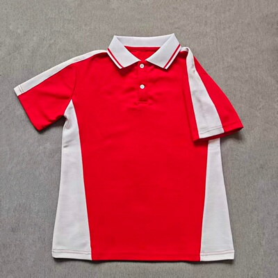 定做夏季男女校服同款运动短袖T恤衫大红色拼接白色翻领POLO衫T恤