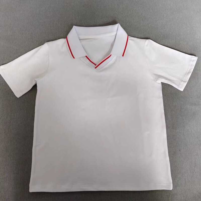 定做夏季男女校服同款纯棉短袖T恤衫白色加红翻领运动t恤衫polo衫