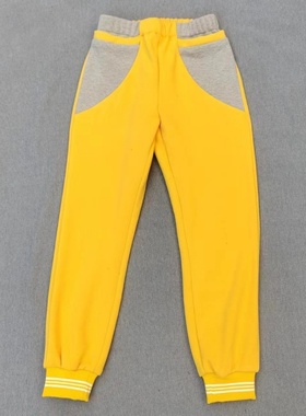 定做春秋冬男女校裤同款运动裤黄色拼接灰色兜运动裤加绒运动裤