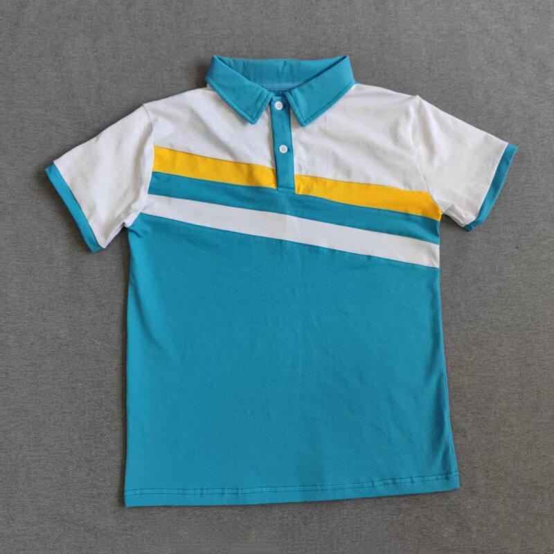 定做夏季男女校服同款运动半袖蓝色拼白黄条袖翻领休闲T恤POLO衫