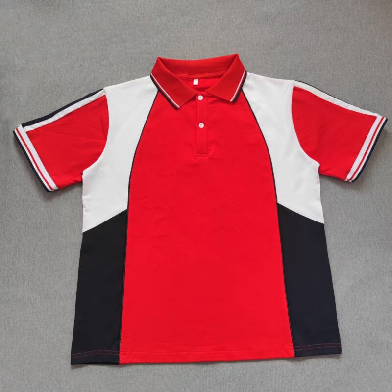 定做夏季男女校服同款运动半袖红色拼白拼藏蓝翻领休闲T恤POLO衫