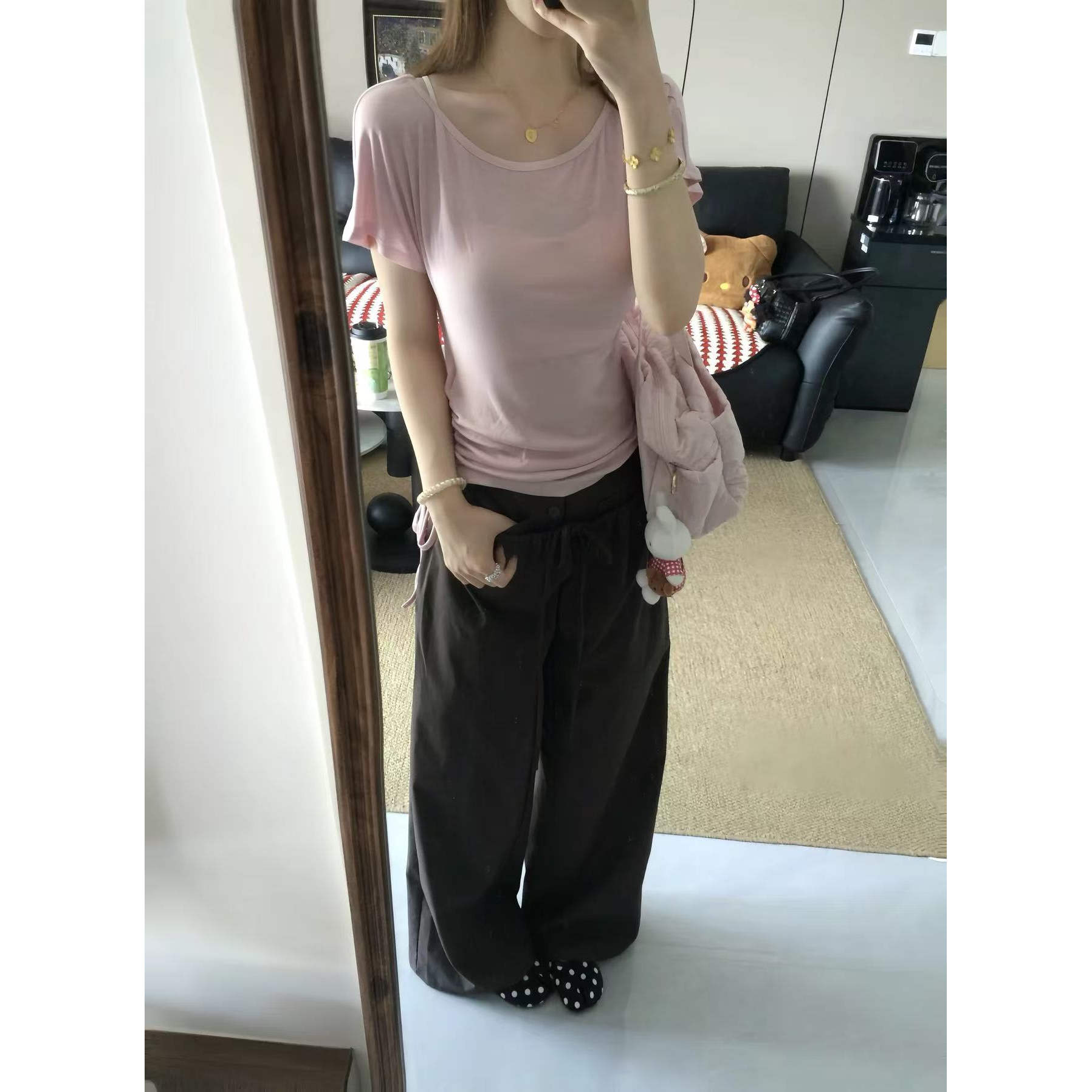 韩系黑色松紧腰阔腿休闲裤女