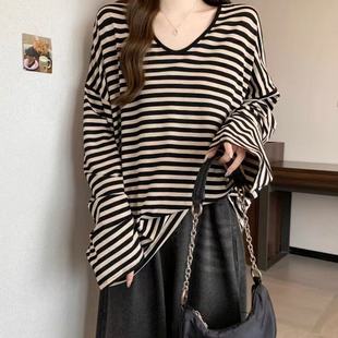 胖MM宽松上衣ins潮 今年流行 大码 慵懒风复古条纹t恤女长袖 防晒衫