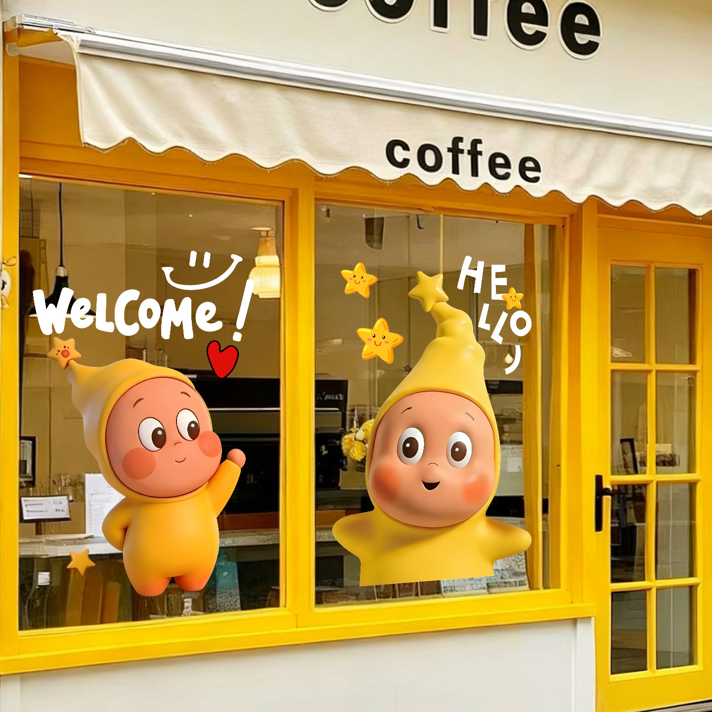 星星人玻璃门贴纸橱窗布置静电贴画商店卡通装饰欢迎光临玻璃贴