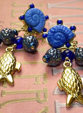 中古Vintage复古人鱼海螺不规则拼接蓝色琉璃个性海洋小众耳环