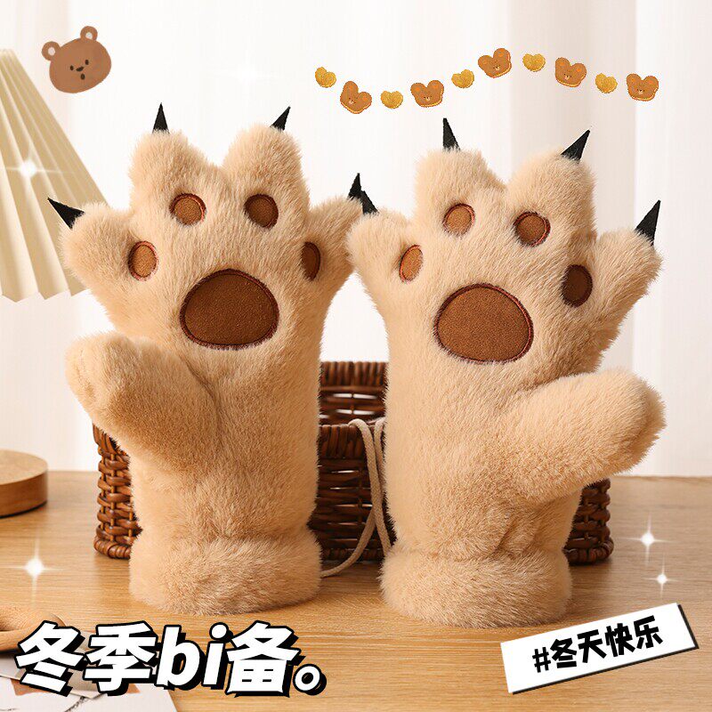 卡通可爱猫爪毛绒手套女