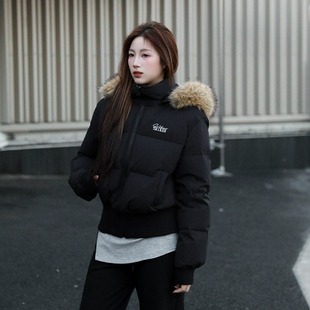 2025新款短款大毛领连帽羽绒服女黑色收腰显瘦棉服外套