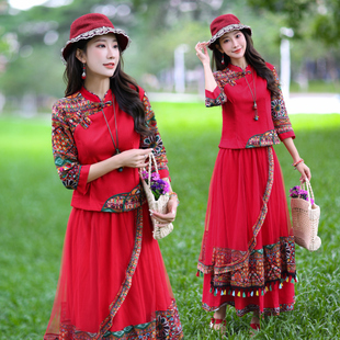 民族风新中式服装套装棉麻立领上衣两件套复古半身裙旅游度假舞台