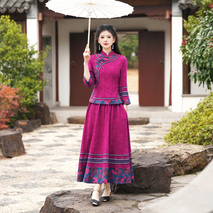 棉麻套装裙子民族风新中式改良旗袍上衣民国风复古女装两件套春秋