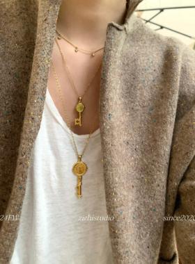 法式复古心钥项链女轻奢小众多层叠戴钛钢锁骨链闺蜜生日礼物