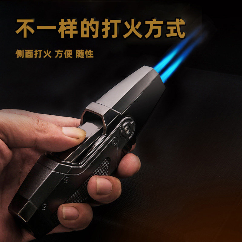 双直冲打火机充气体蓝焰火个性点烟器创意双火小焊枪喷火枪点雪茄