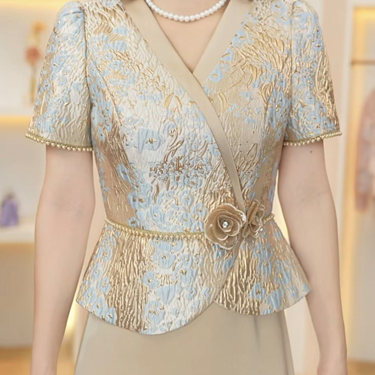 【現(xiàn)貨】東方黛迪 50歲喜婆婆婚宴禮服藍(lán)金提花新中式連衣裙夏季