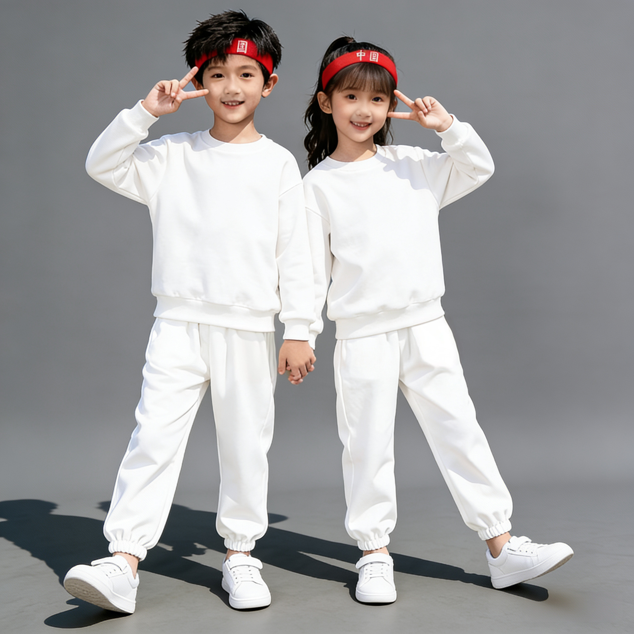 儿童白色圆领卫衣套装幼儿园小学生运动会班服男童女童学生两件套