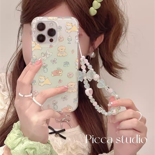 清新晕染绿狗狗适用iPhone15手机壳14/13/11/12mini苹果x卡通i6/7/8plus链条xsmax少女xr可爱promax新iPhonex