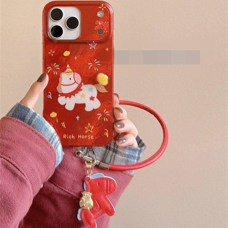 适用iPhone16手机壳15/14/13/12苹果x烟花小马11pro挂件i6/7/8可背斜挎xr手提绳max旋转元宝5s网红超火新年壳