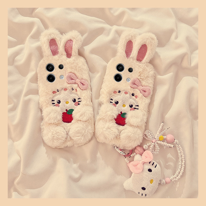 适用oppoA58a57手机壳A1a2A3A5毛绒蝴蝶结苹果兔a93a95a96a97毛茸kt链条A32a35A36秋冬A72a92s/r15r17R11r9t