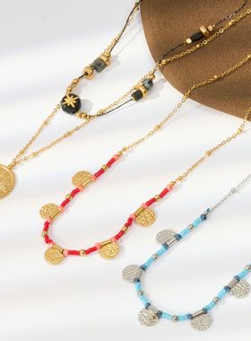 钛钢石头镶嵌项链女跨境不锈钢多色设计感几何造型夸张欧洲