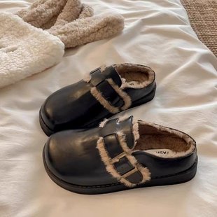 女一脚蹬保暖 秋冬包头棉鞋 厚底勃肯毛毛皮面加绒拖鞋 2025女外新款