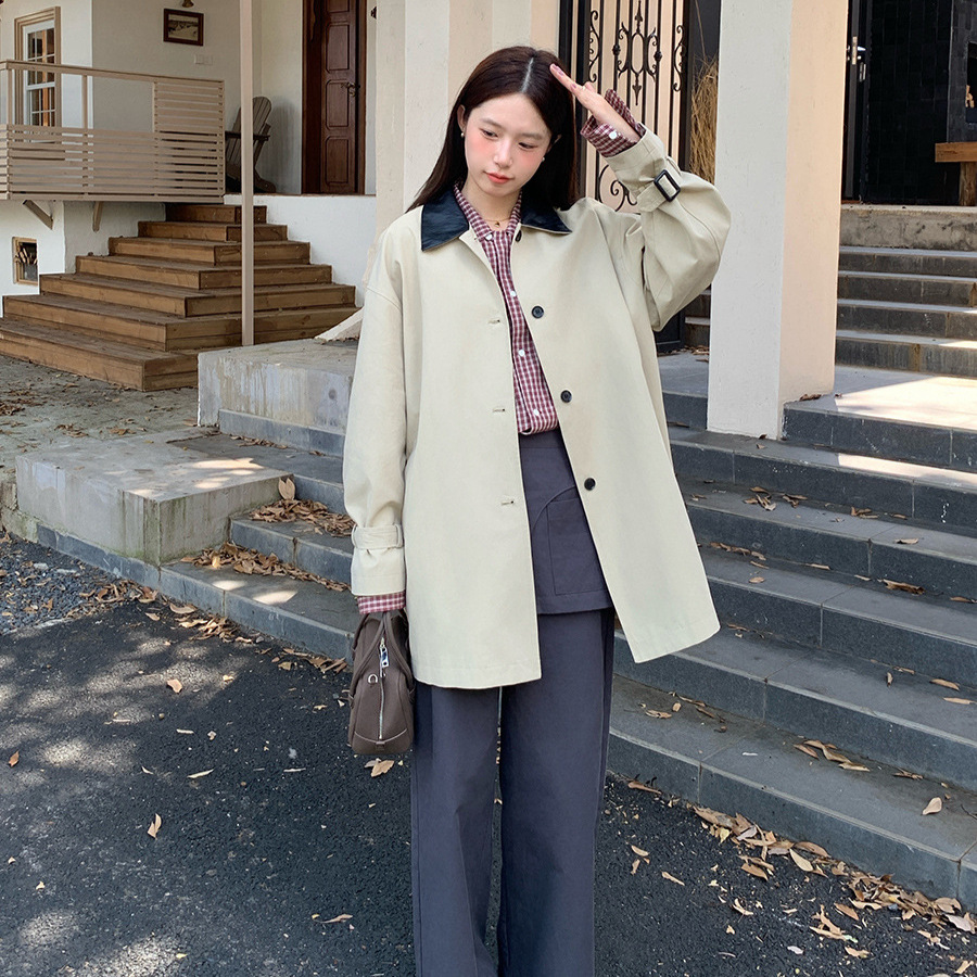韩系风撞色翻领长袖风衣外套女秋季2025新款宽松百搭单排扣大衣