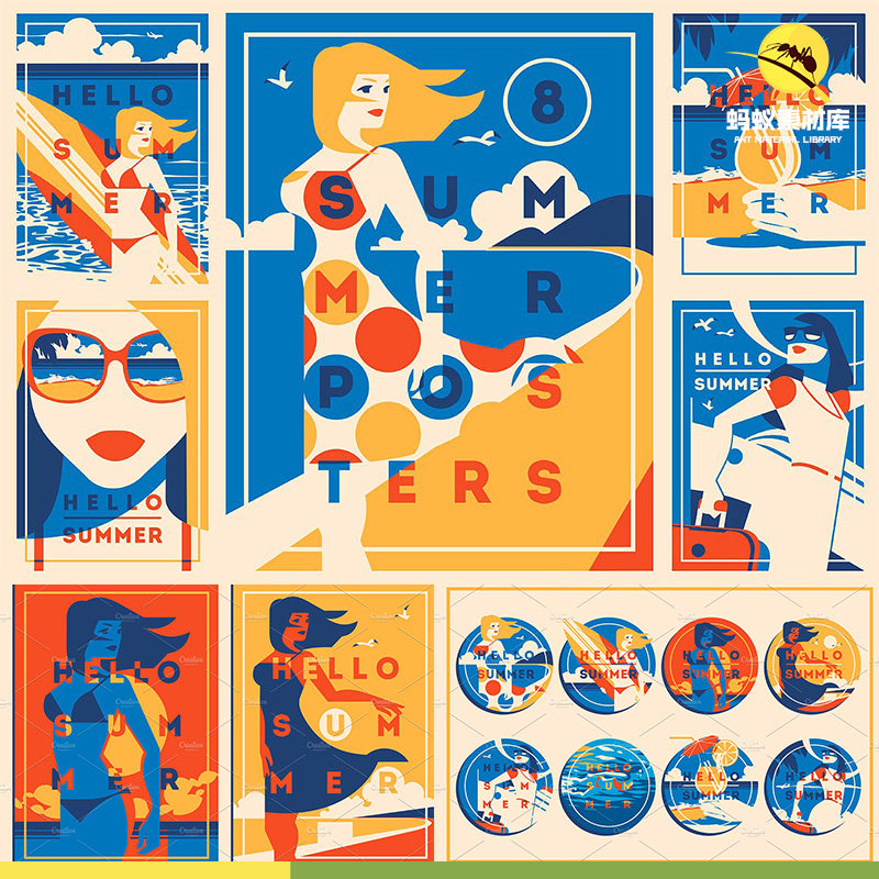 时尚创意个性撞色彩夏天海边少女冲浪招贴画报海报ai矢量设计素材