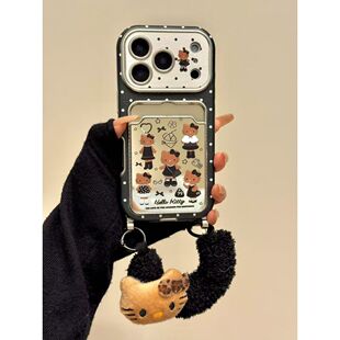 半糖壳野ins韩系甜酷黑底波点长腿猫咪苹果17pormax手机壳iPhone16pro腕带15防摔14pro新款13防摔17卡包