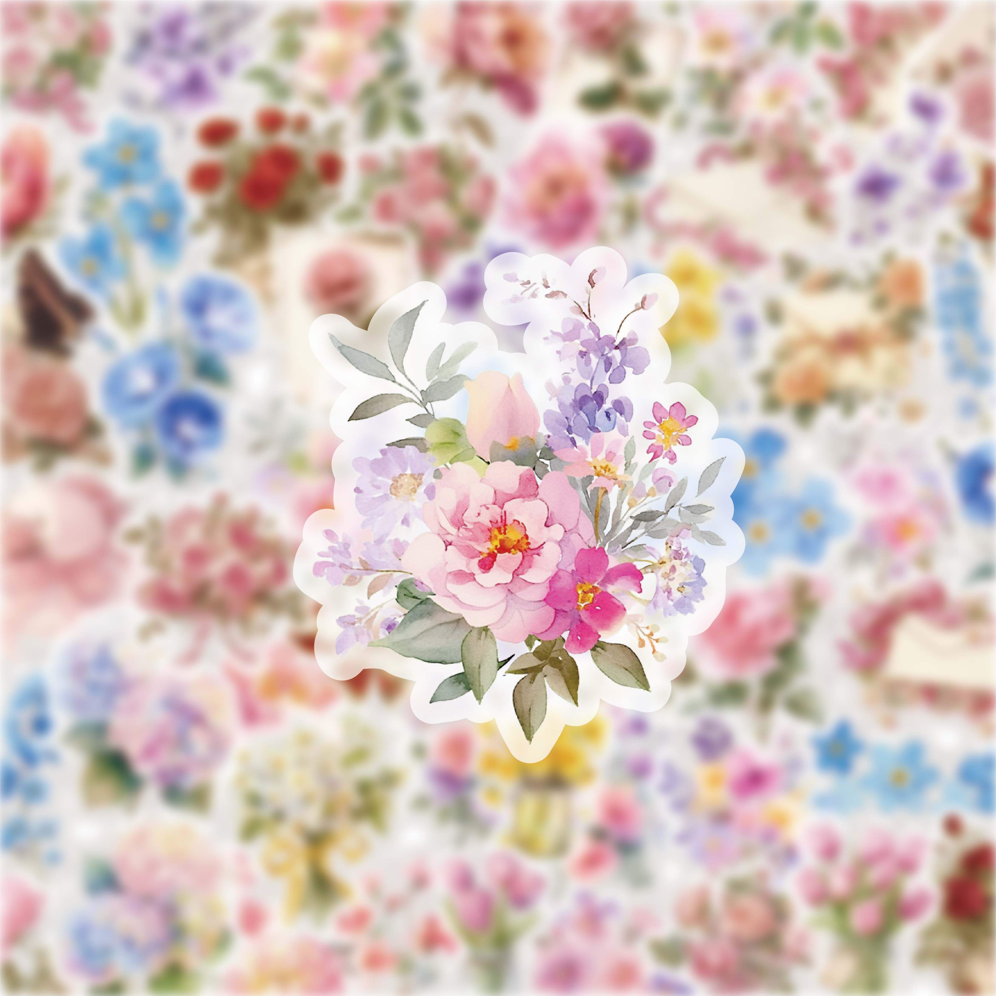 手绘水彩花卉贴纸繁花彩色花朵装饰贴画DIY手账创意素材110张无痕