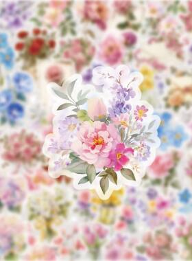 手绘水彩花卉贴纸繁花彩色花朵装饰贴画DIY手账创意素材60张无痕
