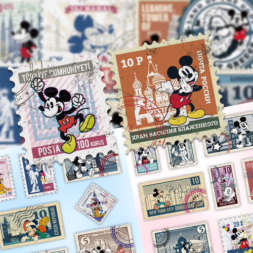 50张新款高颜值ins风复古米奇邮票贴纸卡通迪士尼米老鼠装饰贴画