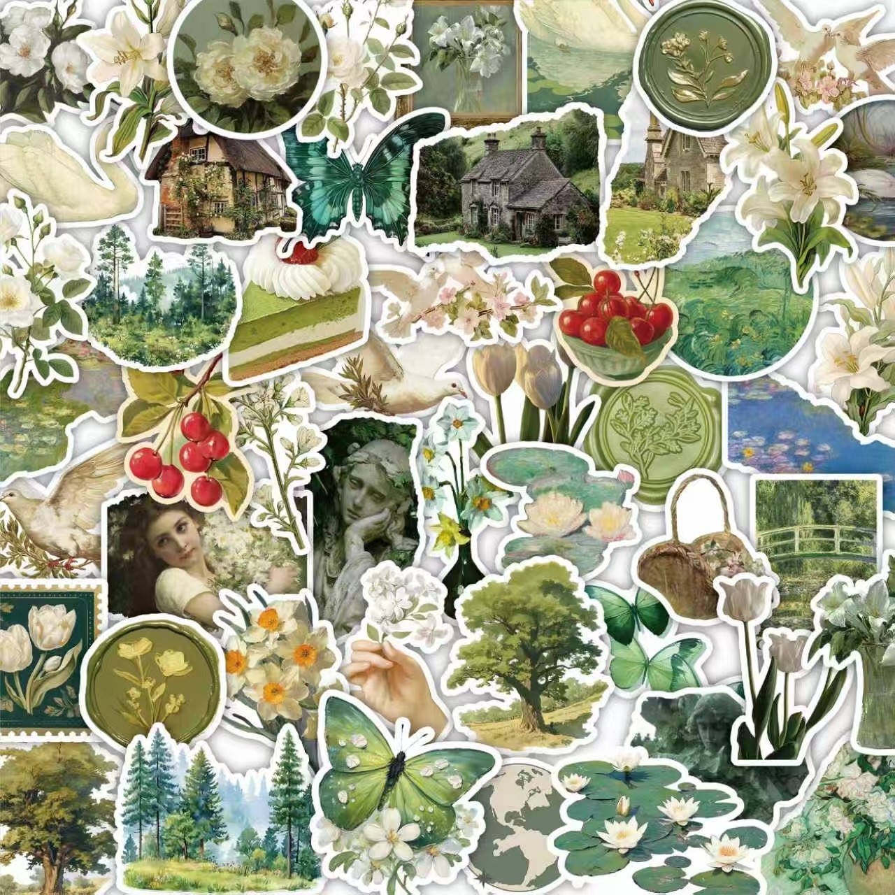 田园风绿色油画花卉蝴蝶手机贴纸套装DIY装饰贴画绿色系贴纸60张