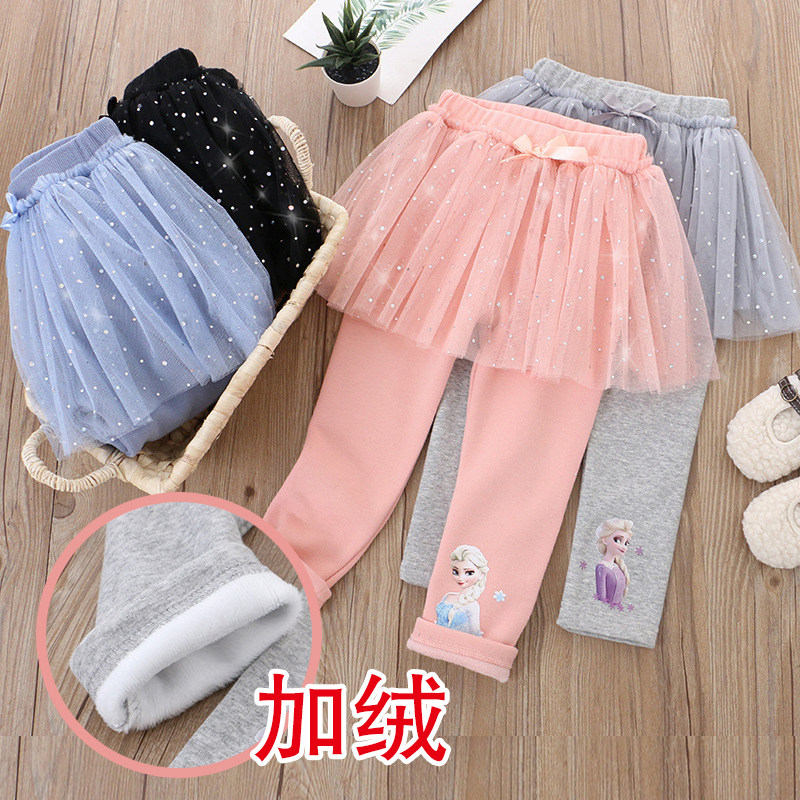 儿童爱沙公主裙裤加绒裤裙纯棉假两件女童薄绒一体绒小孩打底裤子