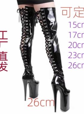 欧美超高跟情趣后系带长靴26/20/15cm钢管舞鞋防水台过膝走秀靴女