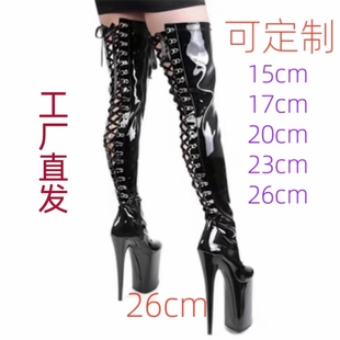 欧美超高跟情趣后系带长靴26/20/15cm钢管舞鞋防水台过膝走秀靴女