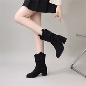 秋冬短靴女2025新款 绒面复古小圆头短筒堆堆靴中筒靴中跟单靴棉靴